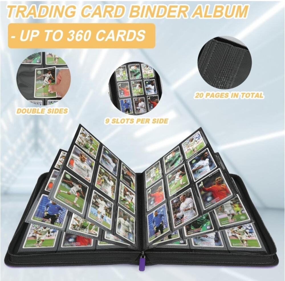 360-Card 9-Pocket Trading Card Binder Side Loading Zipper Album Purple NEW